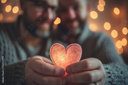 Two individuals of the same sex in love enthusiastically present a tiny backlit heart, celebrating the inclusiveness of romance and feelings without limitations by sexual orientation.