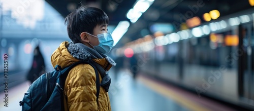 Asian boy at train station, wearing mask for Covid 19 safety during air pollution, in the new normal of pandemic, going back to school via public transport.