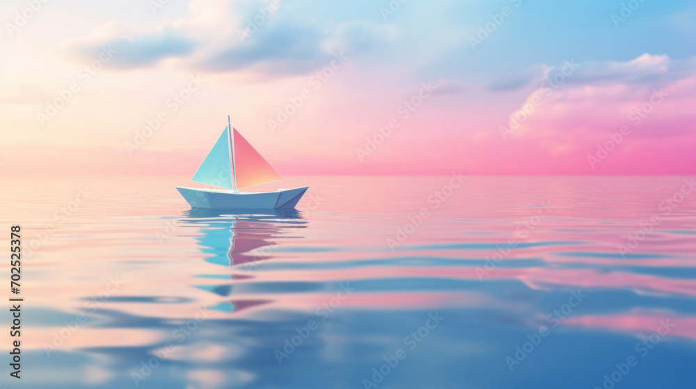 A solitary paper boat floats on tranquil waters under a soft pink sunset sky, symbolizing peace and serenity.