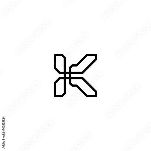 A stylized letter k in black line on a white background
