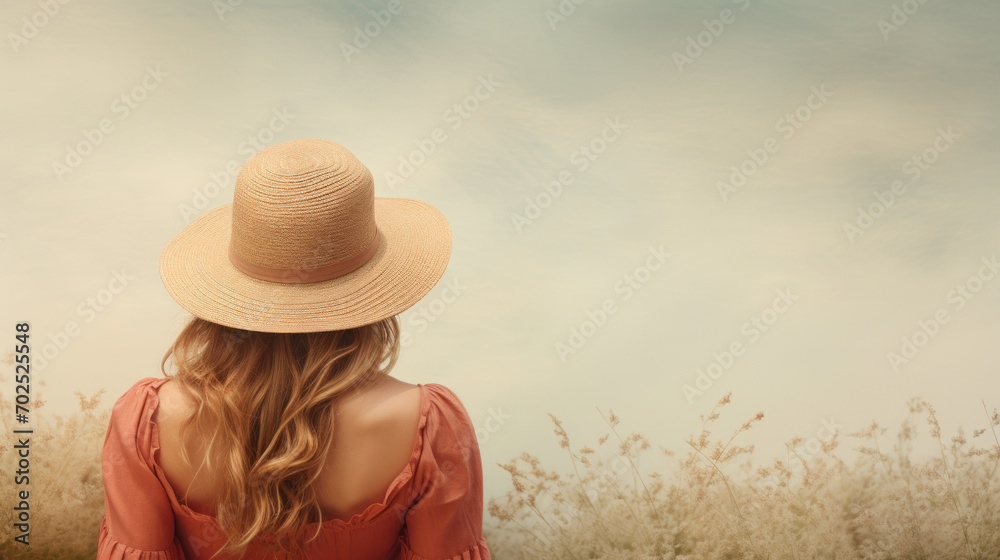 A contemplative woman in a summer dress, seen from behind, looking out over a dreamy field with a straw hat, enjoying solitude.