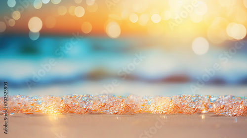 The golden rays of sunset create a sparkling effect on the wet sand of the beach, a close-up of a tranquil seaside evening.