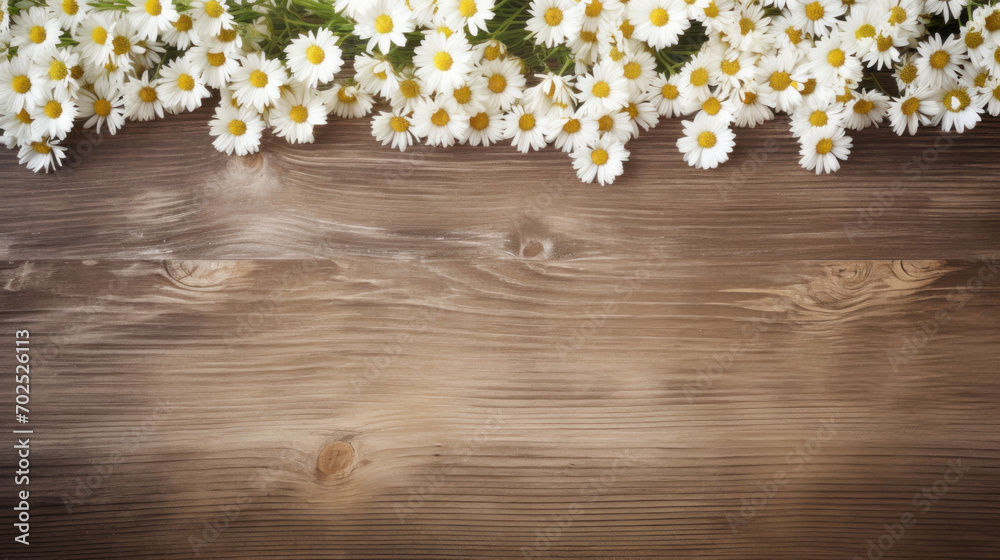 Obraz premium A tranquil scene with white daisies lying atop a dark wood background, creating a natural contrast.