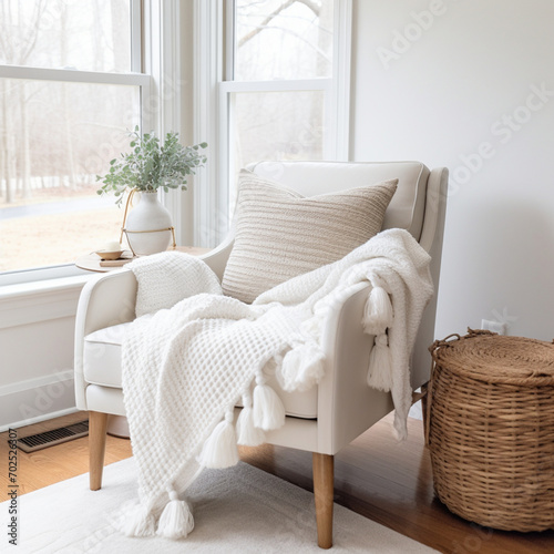 cozy corner of a living room details, focus on chair, textiles, aesthetic, neutral color palette