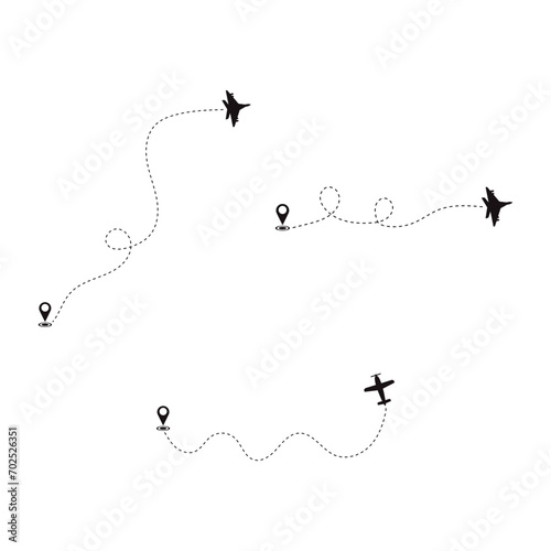 Airplane Dotted Icon Set. With Routes and Markers. Isolated Vector Illustration.