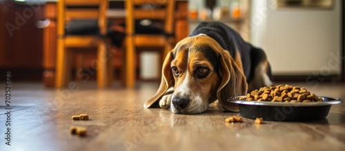 A beagle on the floor gazes at a bowl of dry food, longing to eat.