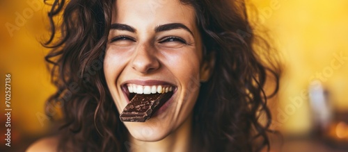 Delighted woman excited to eat delicious chocolate. photo