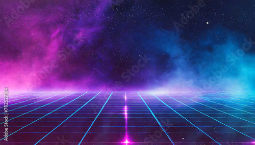Synthwave vaporwave retrowave cyber background with copy space, laser grid, starry sky, blue and purple glows with smoke and particles. photo