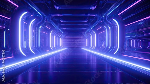 Futuristic sci-fi blue and purple neon tube lights glowing with smoke wall