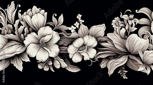 seamless black and white vintage floral border on black background photo