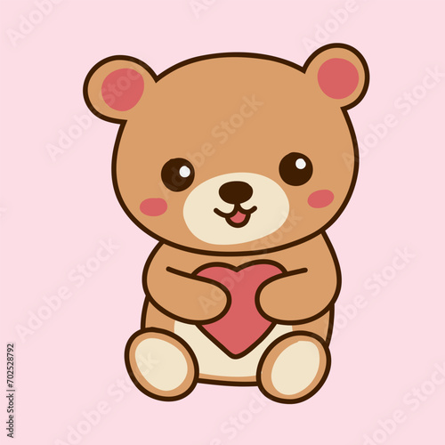 vector flat cute bear illustration holding heart with pastel background
