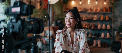 Female fashion vlogger sells shoes online in a live stream, smiling as she showcases their beauty.