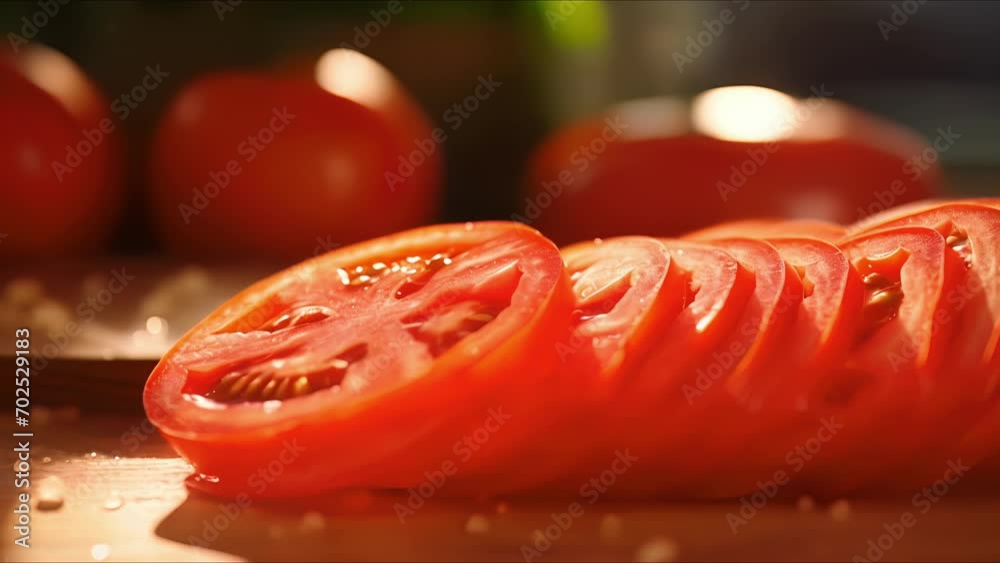 Macro shot of a juicy red tomato being sliced into thin rounds on a wooden ting board.