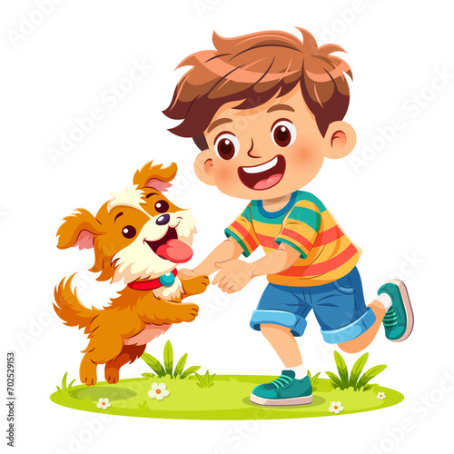 Happy cute little boy playing with his pet dog