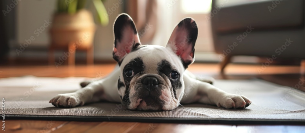 French Bulldog puppy doing yoga on mat in living room.