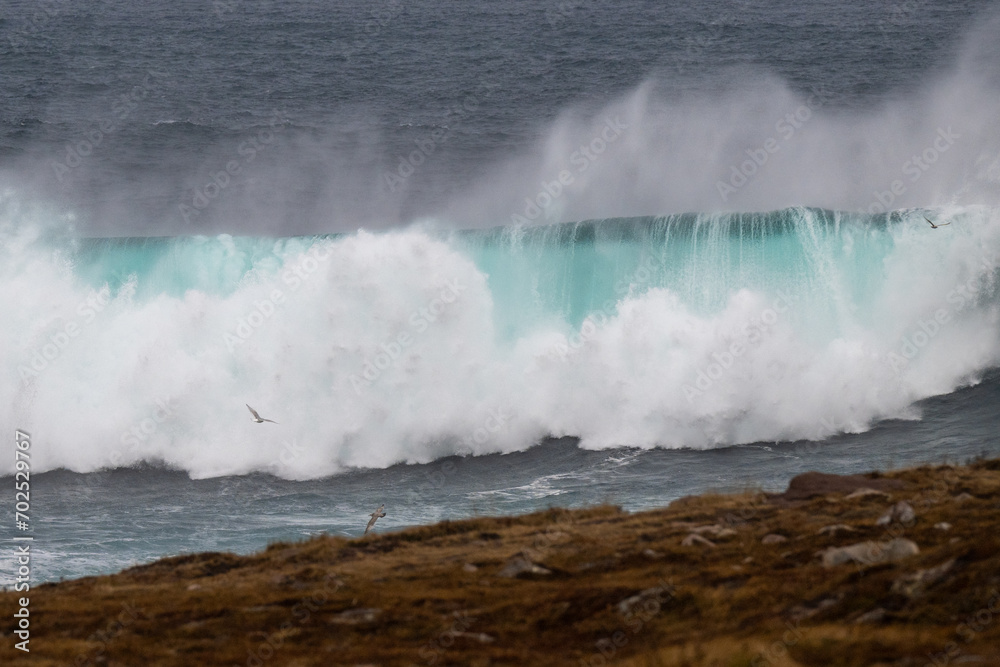 An angry turquoise green color massive rip curl of a wave as it rolls along a beach. The white mist and froth from the wave are foamy and fluffy. The Atlantic Ocean in the background is deep blue. 