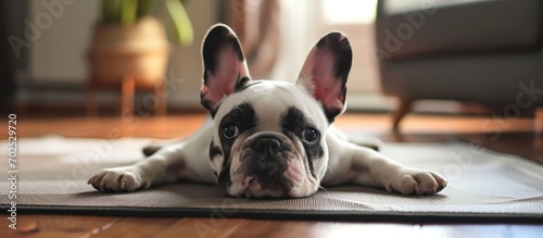 French Bulldog puppy doing yoga on mat in living room.