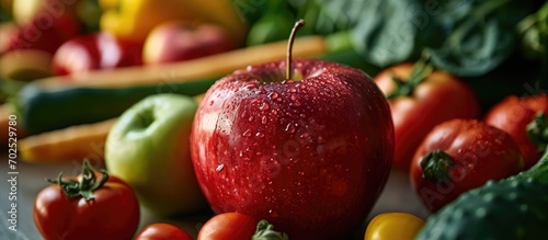 Genetically modified foods depicted by GMO text on red apple, with background of vegetables and fruits.