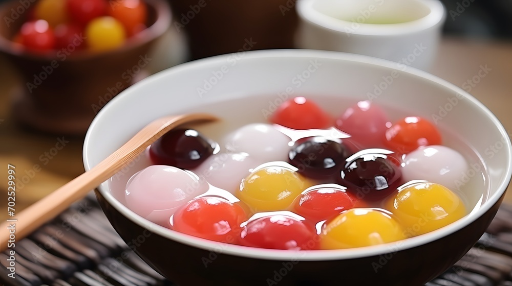 Tangyuan, A traditional Chinese dessert, Glutinous rice balls served in a hot broth or syrup in a bowl Sweet food of Lantern festival, Dongzhi (winter solstice) festival and Chinese new year Tangyuan, A traditional Chinese dessert, Glutinous rice balls served in a hot broth or syrup in a bowl Sweet food of Lantern festival, Dongzhi (winter solstice) festival and Chinese new year