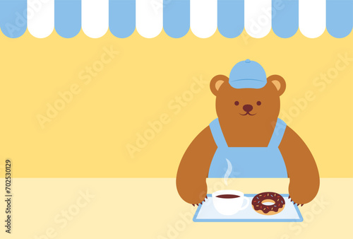 vector background with coffee and donut set and teddy bear cafe staff for banners, cards, posters, social media wallpapers, etc.