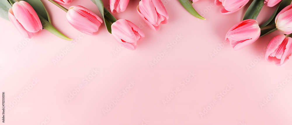 A bouquet composition of pink tulips on a beautiful pastel pink background_Genrative AI
