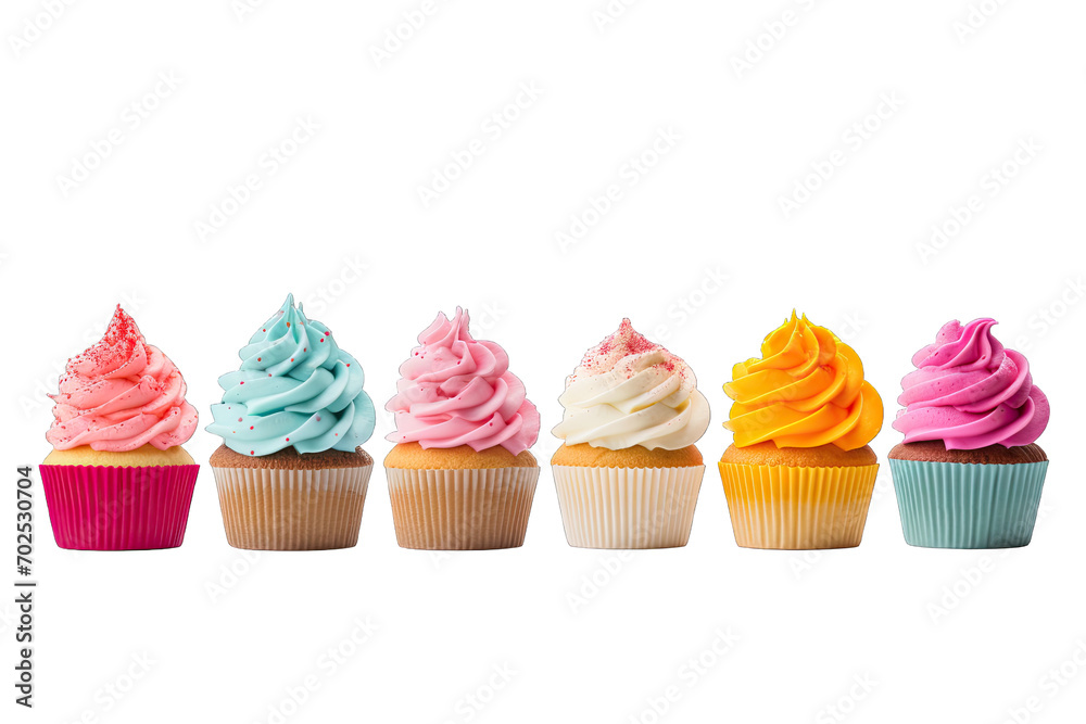 A row of colorful cupcakes isolated on a transparent background