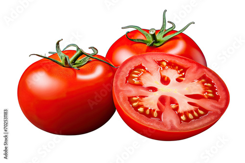 wo fresh tomatoes whole and cut half isolated on transparent background