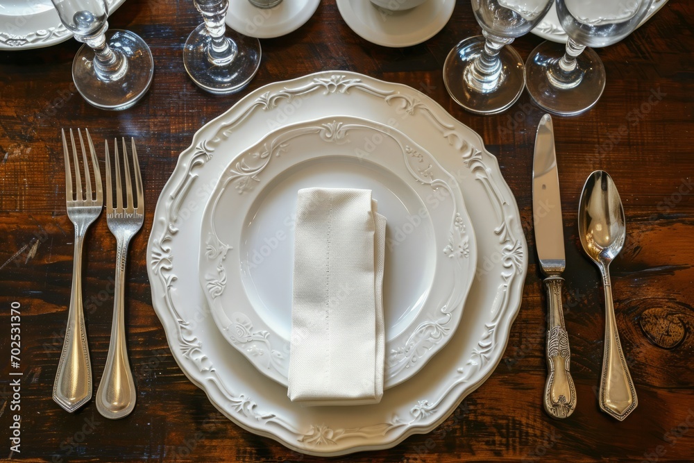 Elegant Table Setting with Fine China and Silverware on Wooden Table Elegant Table Setting with Fine China and Silverware on Wooden Table