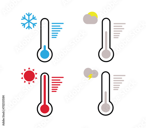 Four Thermometer show cold, heat, cloudy and rain temperatures, vector in flat design, thermometer icon set