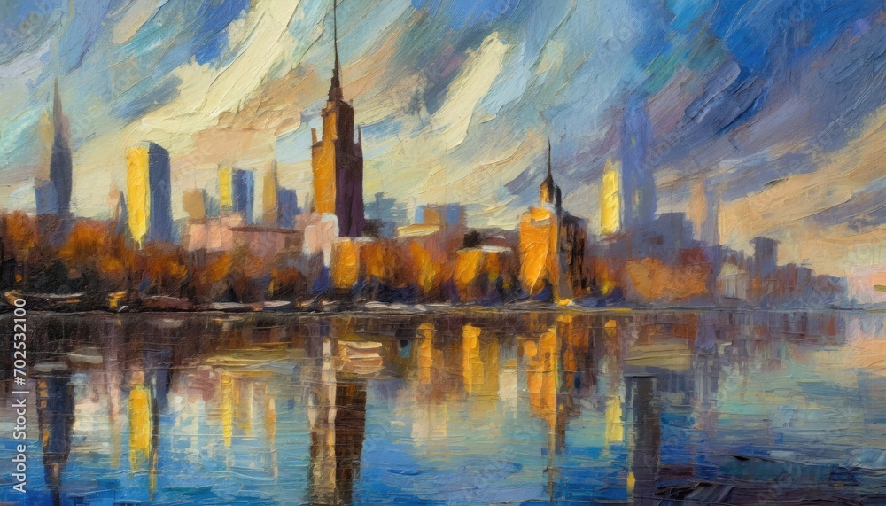 Skyline city view with reflections on water. Original oil painting on canvas.