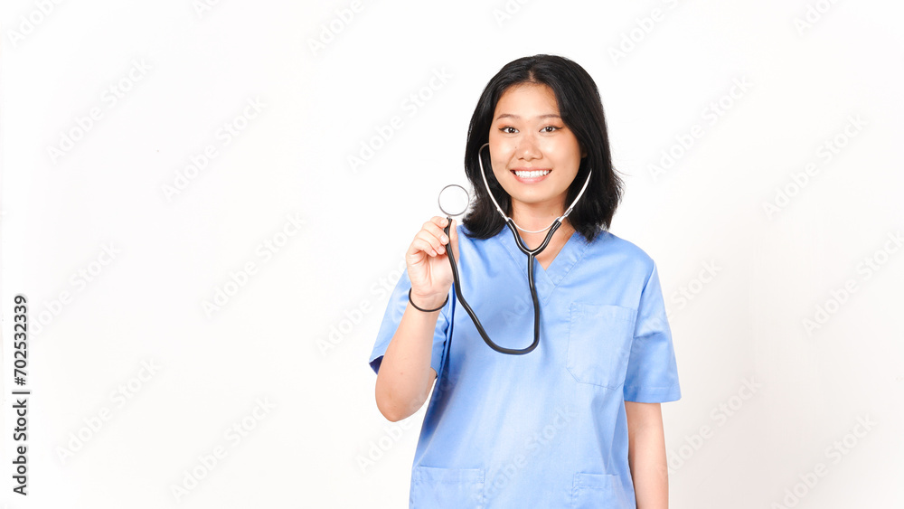 Young Asian female doctor smile and holding the stethoscope isolated on white background Young Asian female doctor smile and holding the stethoscope isolated on white background