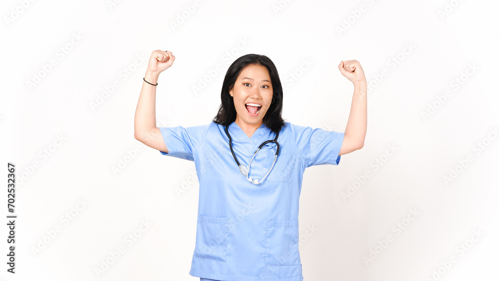 Young Asian female doctor showing strong arms isolated on white background Young Asian female doctor showing strong arms isolated on white background