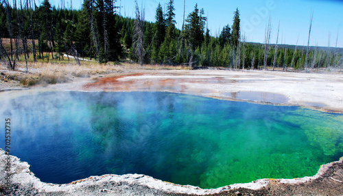 Colorful geysers hot springs in Yellowstone National Park, Wyoming Montana. Northwest. Yellowstone is a summer wonderland to watch the wildlife and natural landscape. Geothermal. 
