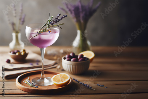 Stunning Lavender cocktail Purple drink in a glass on white background with ice and lavender flowers. Iced cold summer drink, lemonade.