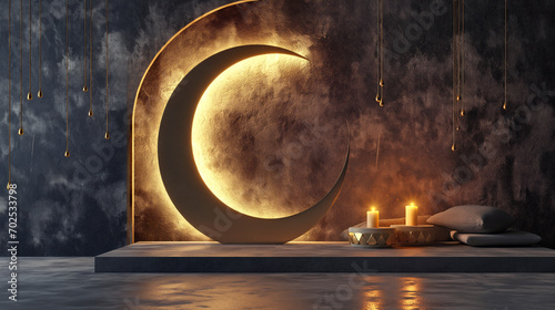 Arabic Ramadan crescent on modern wall background. Design creative concept of islamic celebration day ramadan kareem or eid al fitr adha, copy space text area, neon lights, 3D illustration. photo