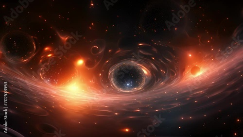 A panoramic view of a black holes surroundings, marked by a glowing accretion disk and distorted images of stars and galaxies in the background due to the black holes intense gravitational photo