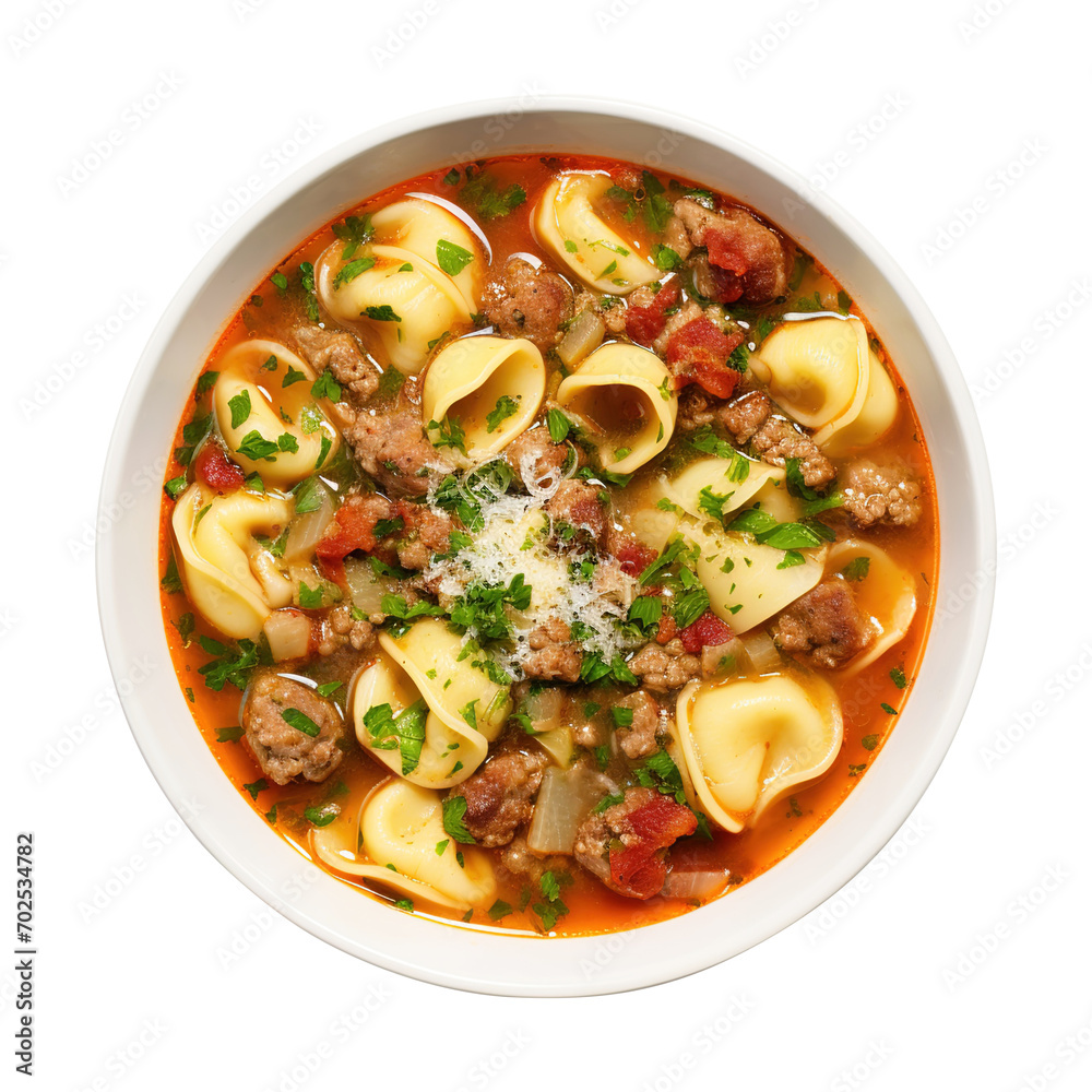 tortellini soup with italian sausages isolated on transparent background Remove png, Clipping Path, pen tool