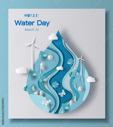 World Water Day, save water, a water drop with a city inside. Paper illustration and 3d paper.