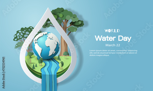 World Water Day, a water-shaped frame with a globe and water flowing through it. Paper illustration and 3d paper.