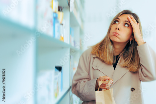 Confused Customer Thinking what to Buy in a Store. Puzzled woman deciding what to purchase during inflation times 