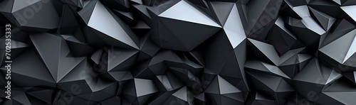 Abstract black crystal background, faceted texture, macro panorama, wide panoramic polygonal wallpaper
