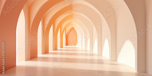 Corridor with arches painted in a spectrum of warm hues  leading to a vanishing point