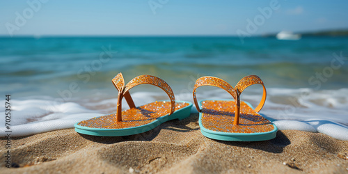 Bright flip-flops rest on sandy shores  hinting at leisurely beach days