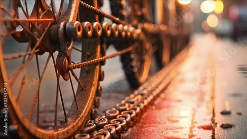 Closeup of a rusted bike chain, a reminder of the harsh weather conditions faced by city commuters. photo