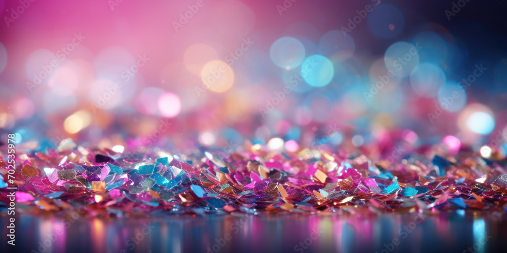 Whimsical glitter surface bathed in a dance of pink and blue bokeh lights