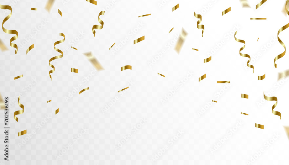 Confetti explosion on transparent background. Pieces of shiny gold paper flying and spreading. rotating. vector illustration - obrazy, fototapety, plakaty 