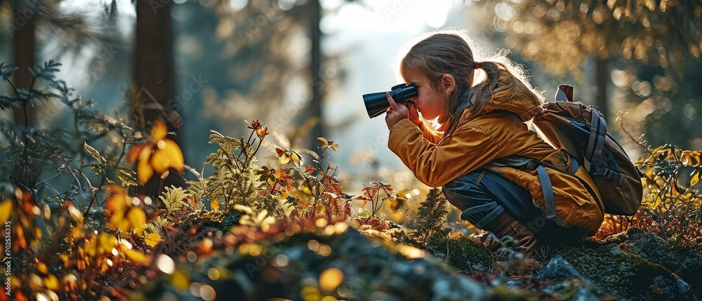 A young person observing the forest and its creatures through binoculars. - obrazy, fototapety, plakaty 