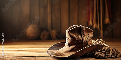 Cowboy's worn hat and leather boots beside a coiled lasso on a rustic wooden floor photo