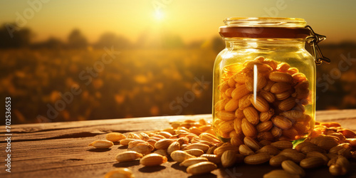 Jar with a golden spread, lid afloat, with peanuts caught in a sunbeam