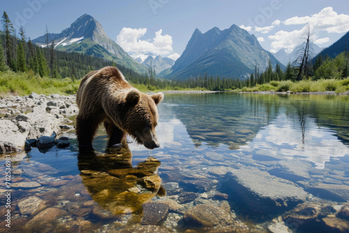 A grizzly bear fishing in a crystal-clear mountain stream